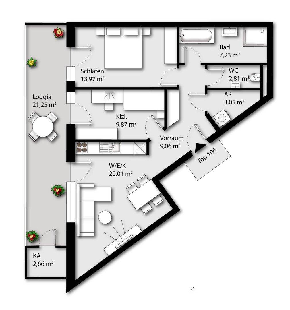 Detaillierter Grundriss einer Wohnung mit Loggia, Schlafzimmer, Küche und Wohn-/Essbereich.