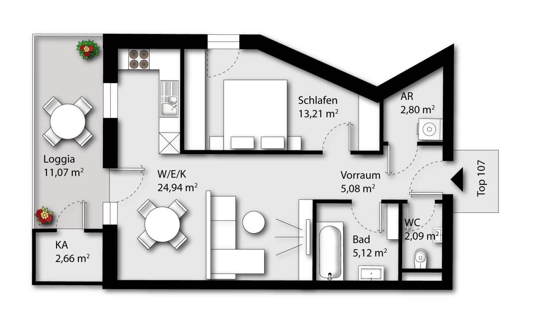 Detaillierter Grundriss einer Wohnung mit Loggia, Schlafzimmer und offenem Wohnbereich.
