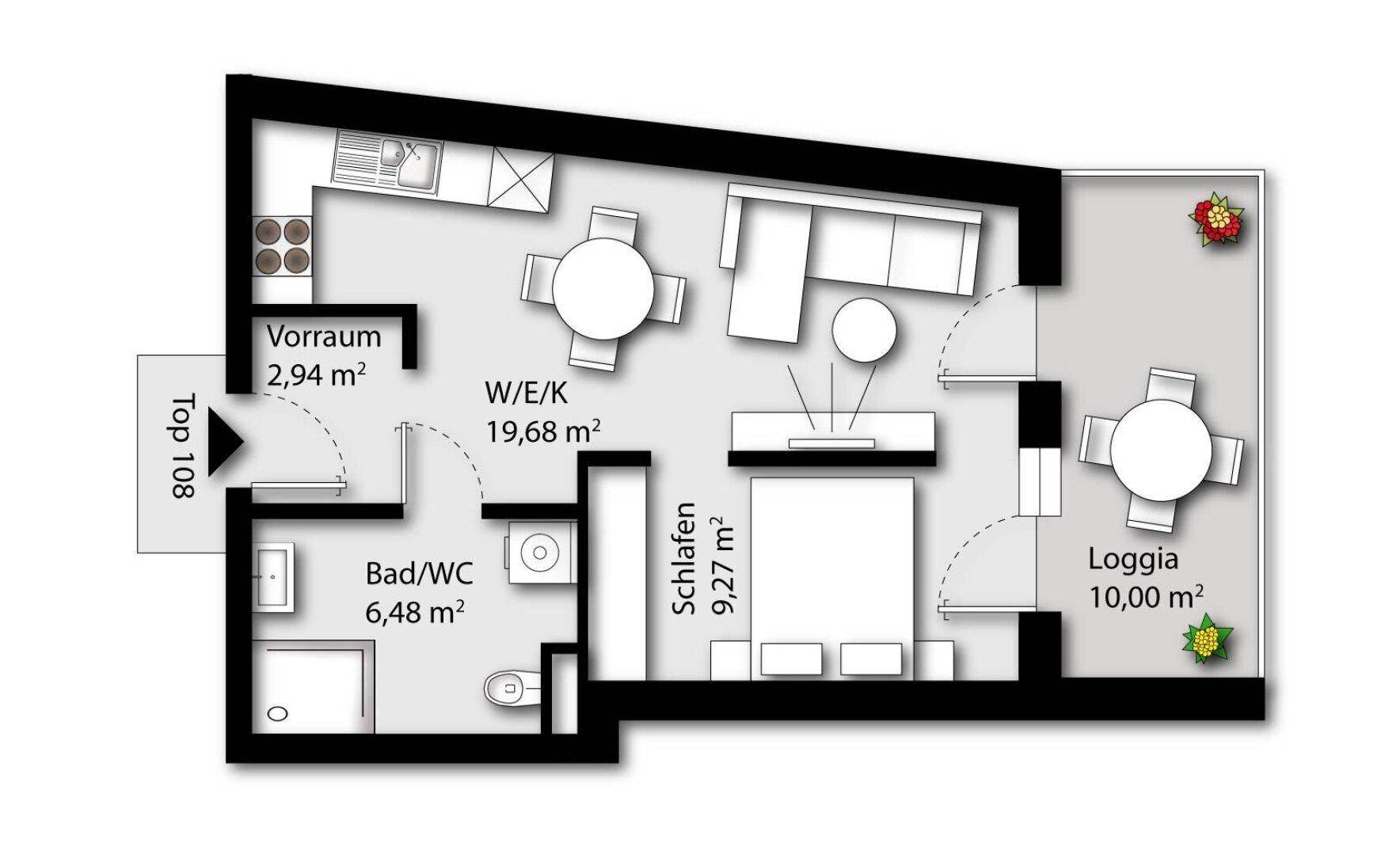 Grundriss einer Wohnung mit einem Schlafzimmer, Bad und offener Wohnküche sowie einer Loggia.