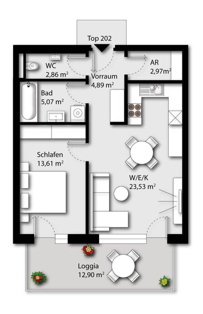 Grundriss der Wohnung Top 202 mit Schlafzimmer, offenem Wohnbereich und Loggia.