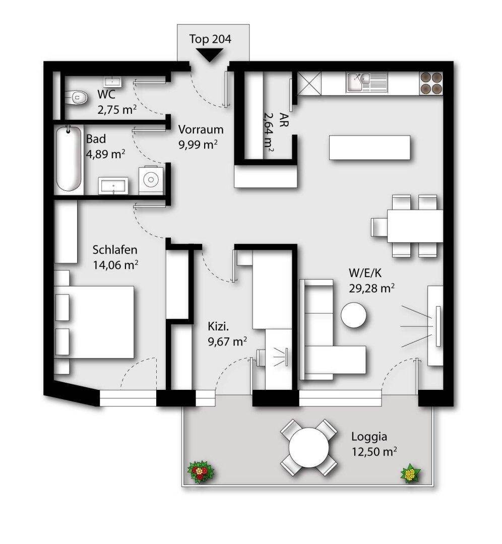 Grundriss einer Wohnung mit Wohn-/Essküche, Schlafzimmer, Kinderzimmer und Loggia.
