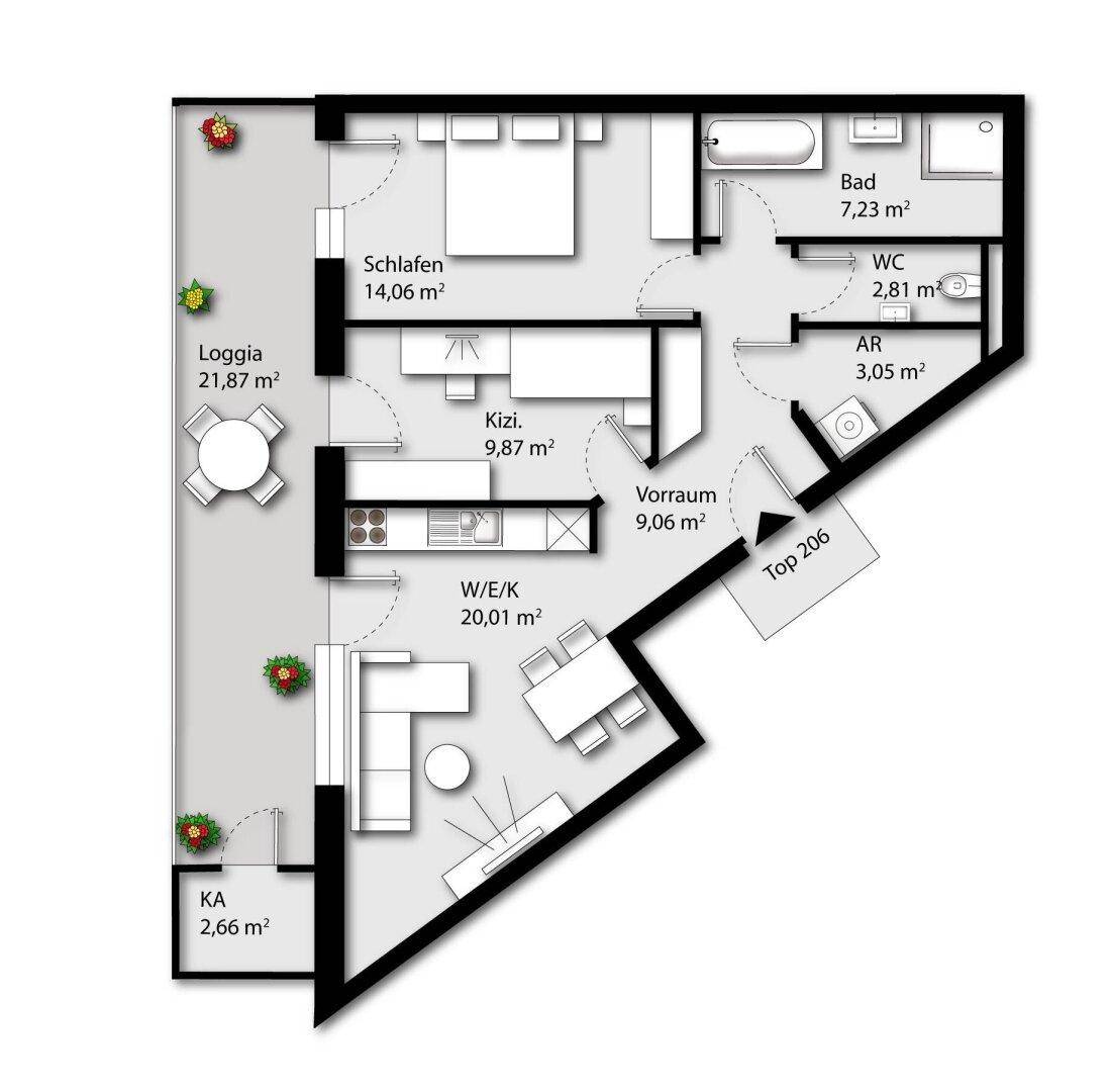 Grundriss einer Wohnung mit Loggia, Schlafzimmer, Bad und offenem Wohn-Essbereich.