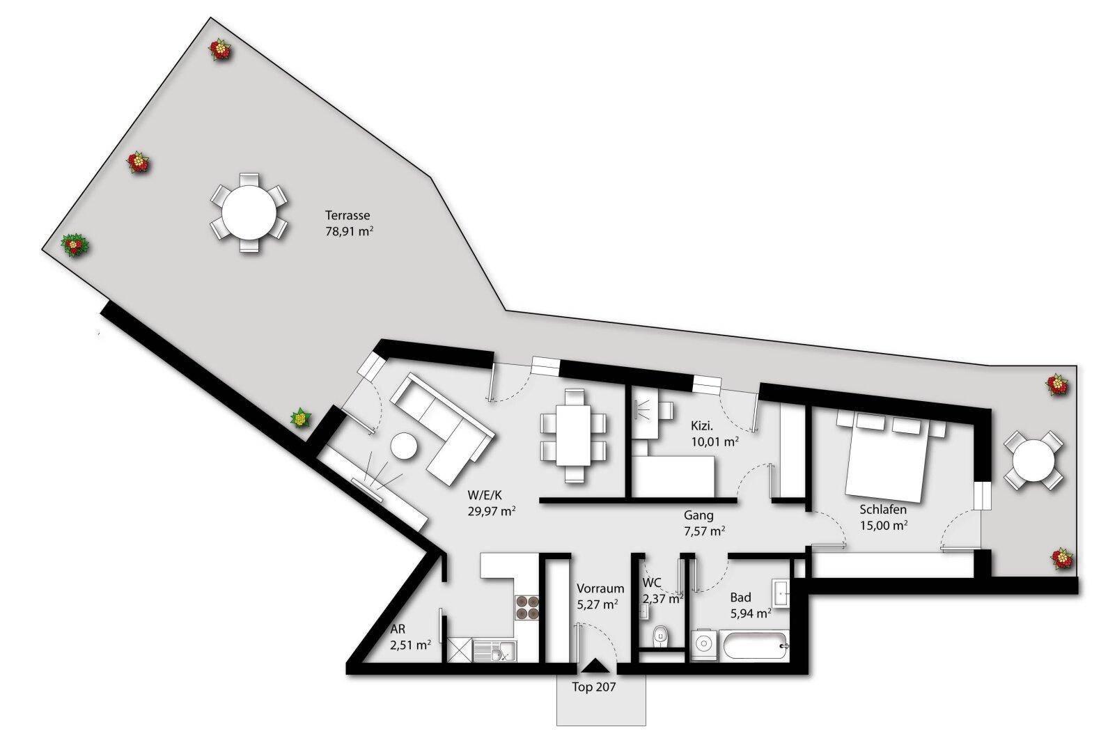 Detaillierter Grundriss einer Wohnung mit großer Terrasse und zwei Schlafzimmern.