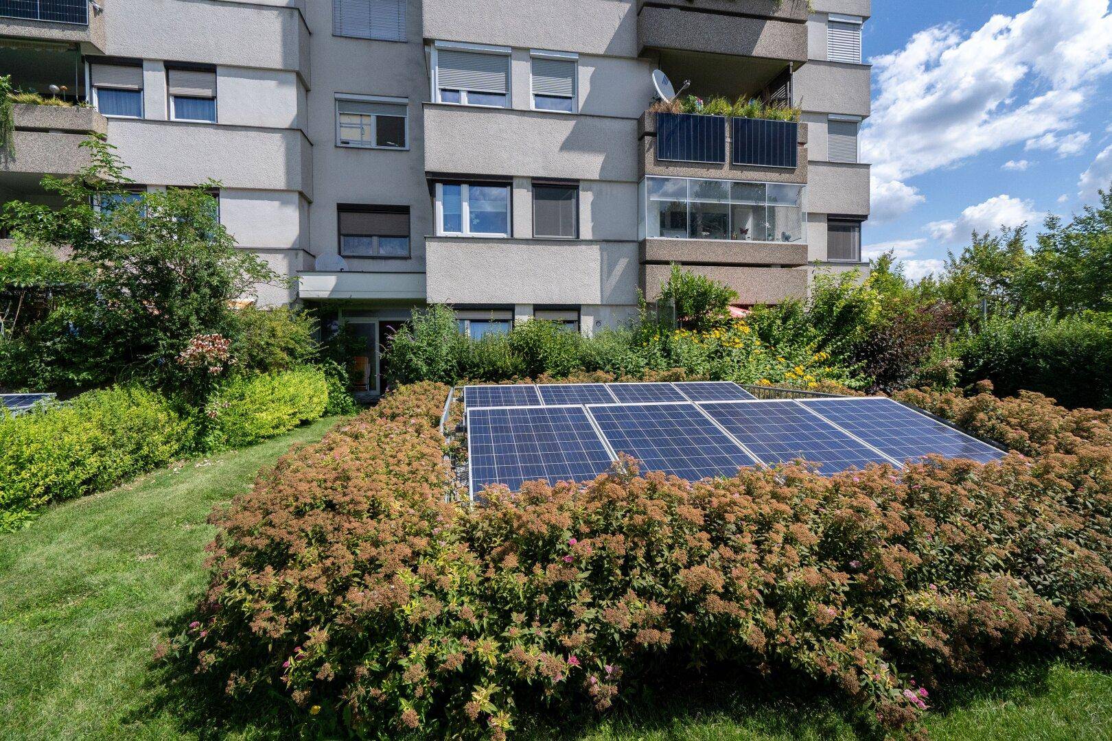 Mehrfamilienhaus mit Balkonen, begrünten Dächern und Solaranlage im Vorgarten.