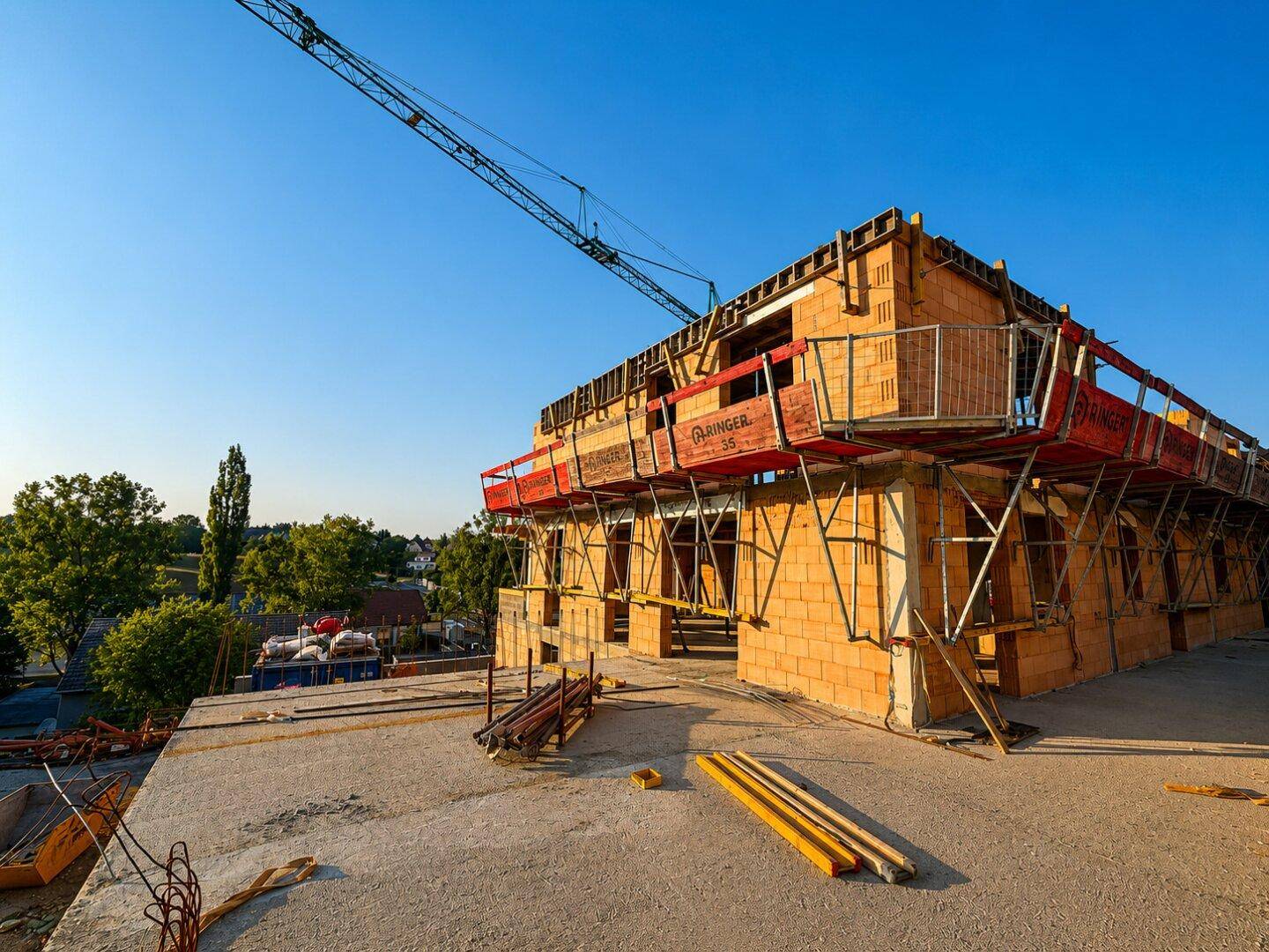 Baustelle eines Neubaus mit Gerüst und Blick auf die Umgebung bei Sonnenuntergang.