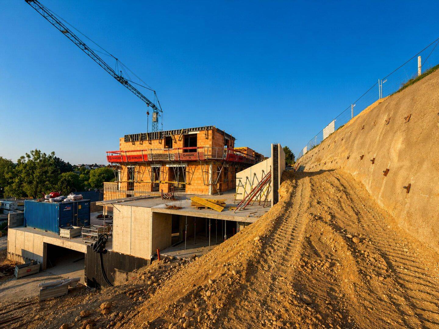 Neubau im Rohbau mit Erdhügeln und einer Stützmauer an einem Hanggrundstück.