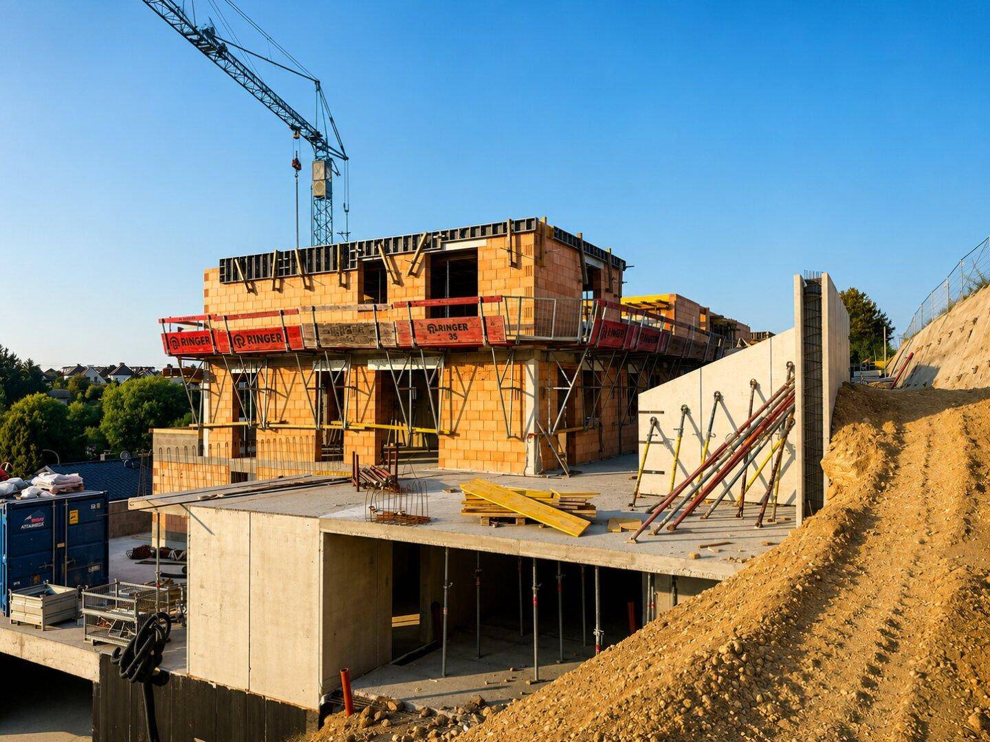 Fortschreitender Neubau mit bereits errichteten Ziegelwänden und Betondecken, umgeben von Baugerüsten.