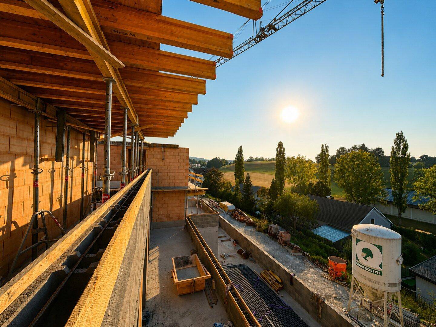 Baustelle eines Neubaus mit Blick auf die umliegende Landschaft und den Sonnenuntergang.