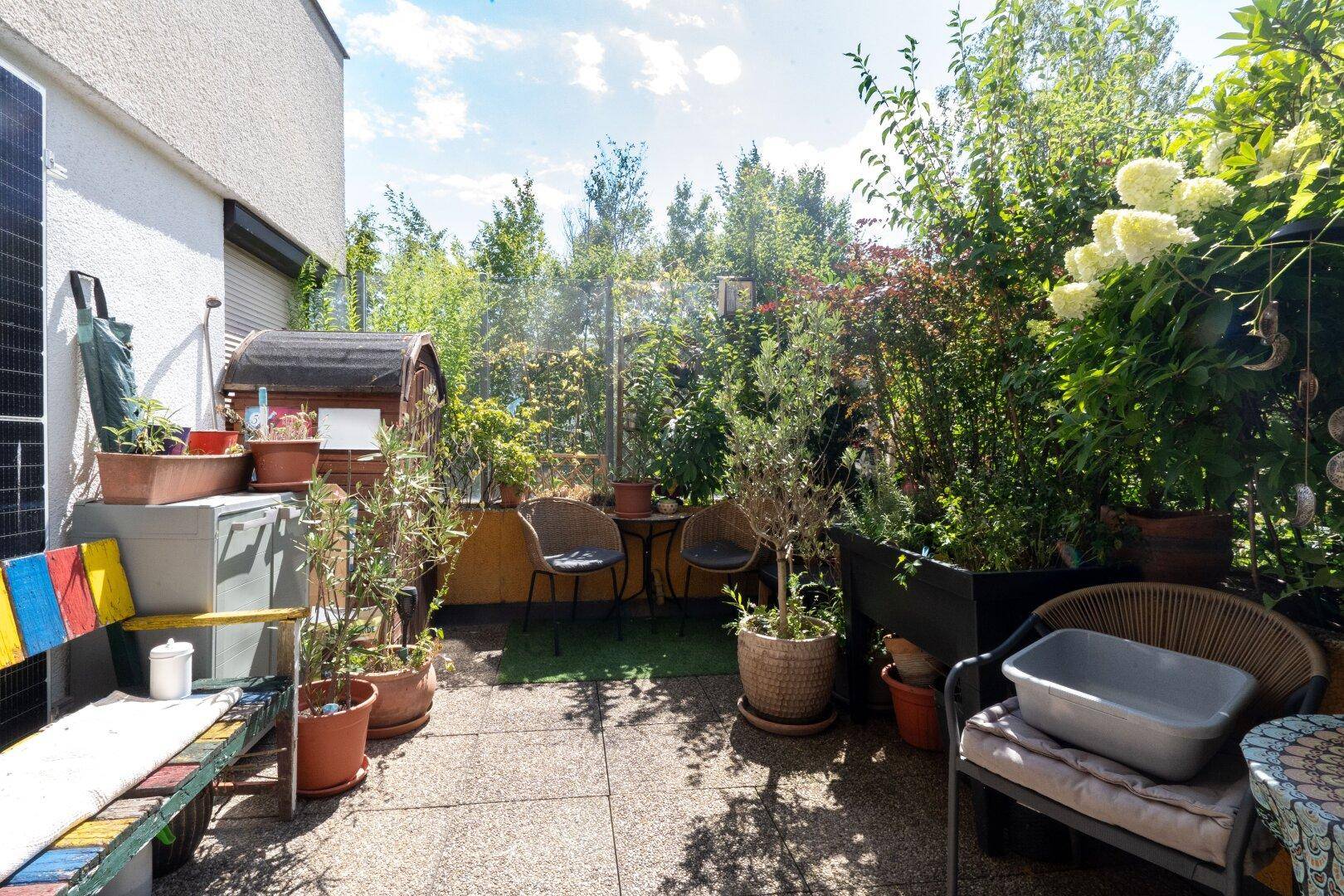Grüne Terrasse mit vielfältiger Bepflanzung, Gartenmöbeln und einem kleinen Gartenhaus unter blauem Himmel.