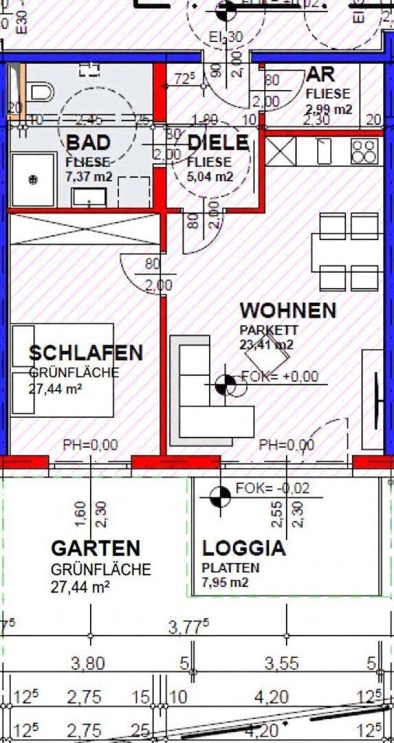 Grundriss einer Wohnung mit Schlafzimmer, Bad, Wohnbereich, Loggia und Gartenfläche.