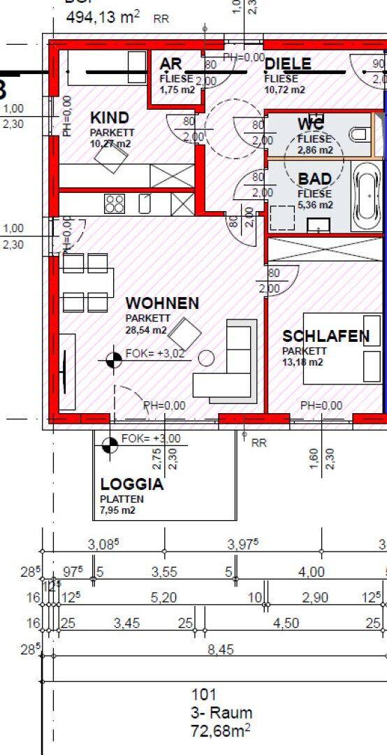 Grundriss einer 3-Zimmer-Wohnung mit Loggia, Bad und separatem WC.