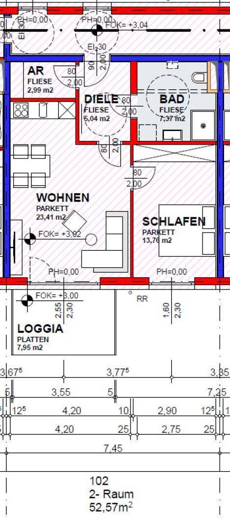Grundriss einer 2-Zimmer-Wohnung mit Wohnzimmer, Schlafzimmer, Bad und Loggia.