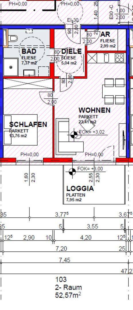 Grundriss einer 2-Zimmer-Wohnung mit Loggia, Bad und separatem Schlafzimmer.