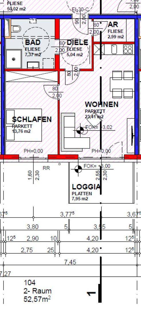Grundriss einer 2-Zimmer-Wohnung mit Bad, Schlafzimmer, Wohnbereich und Loggia.