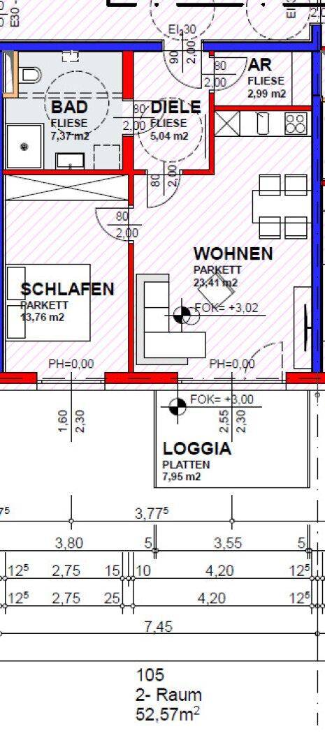 Grundriss einer 2-Zimmer-Wohnung mit 52,57m² Wohnfläche und einer Loggia.