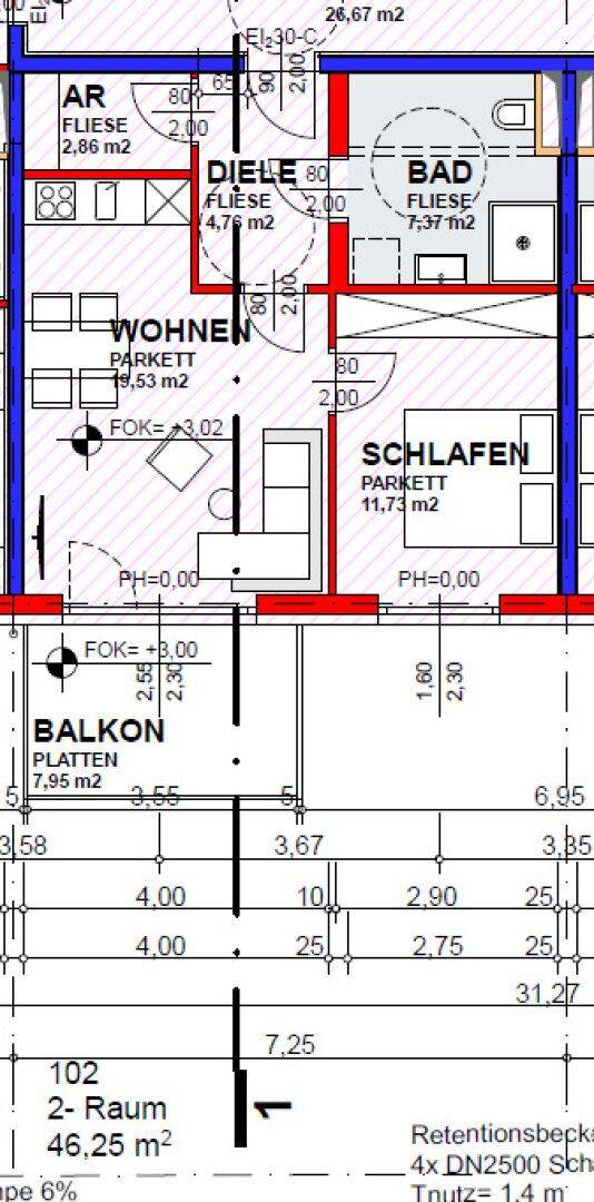 Grundriss einer 2-Zimmer-Wohnung mit Balkon, Wohnbereich und Schlafzimmer.