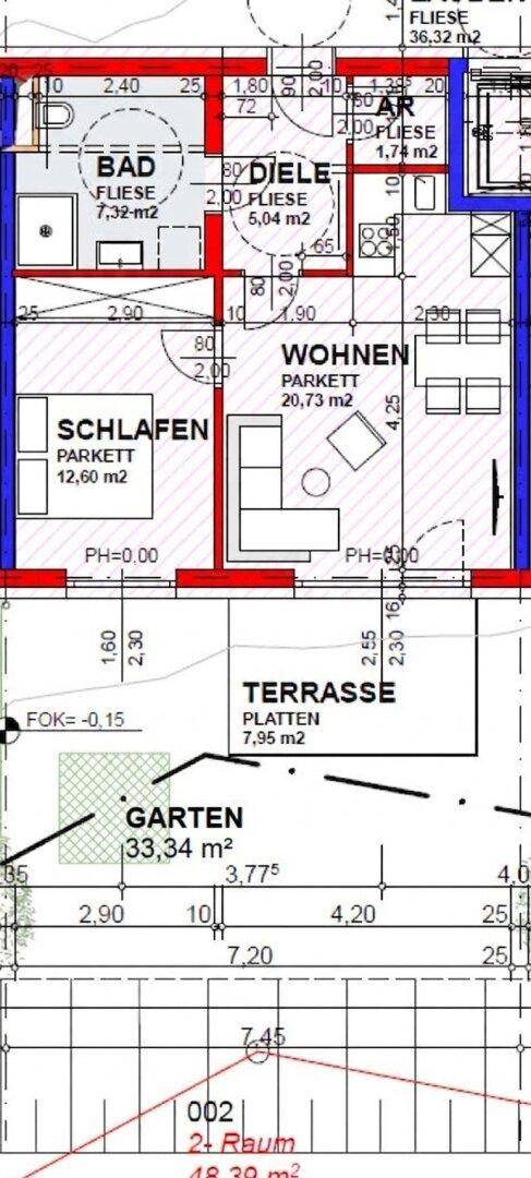 Grundriss einer Wohnung mit Schlafzimmer, Bad, Wohnbereich, Terrasse und Garten.