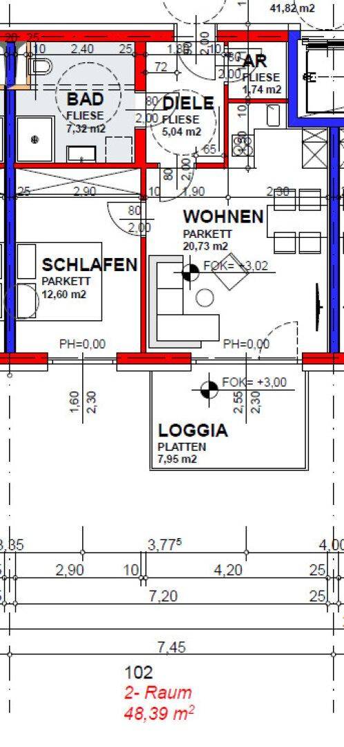Grundriss einer Wohnung mit Schlafzimmer, Bad, Wohnbereich und Loggia.