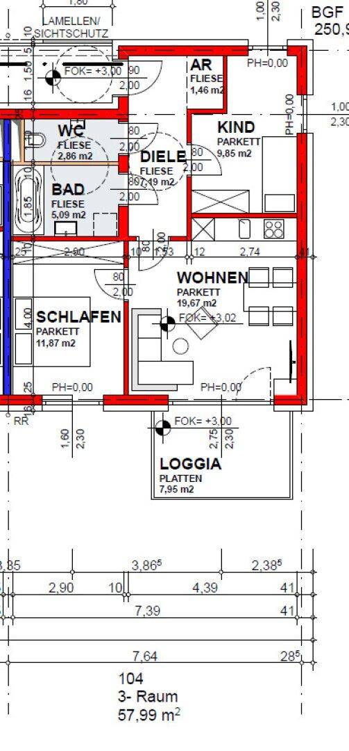 Grundriss einer 3-Zimmer-Wohnung mit Loggia, Bad und separatem WC.