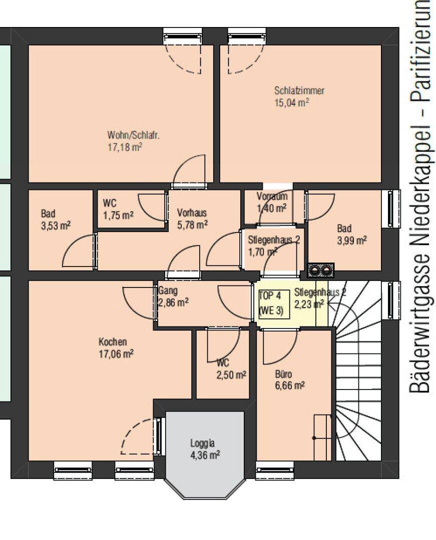 Grundriss einer Wohneinheit mit mehreren Schlafzimmern, Bädern und einer Loggia.