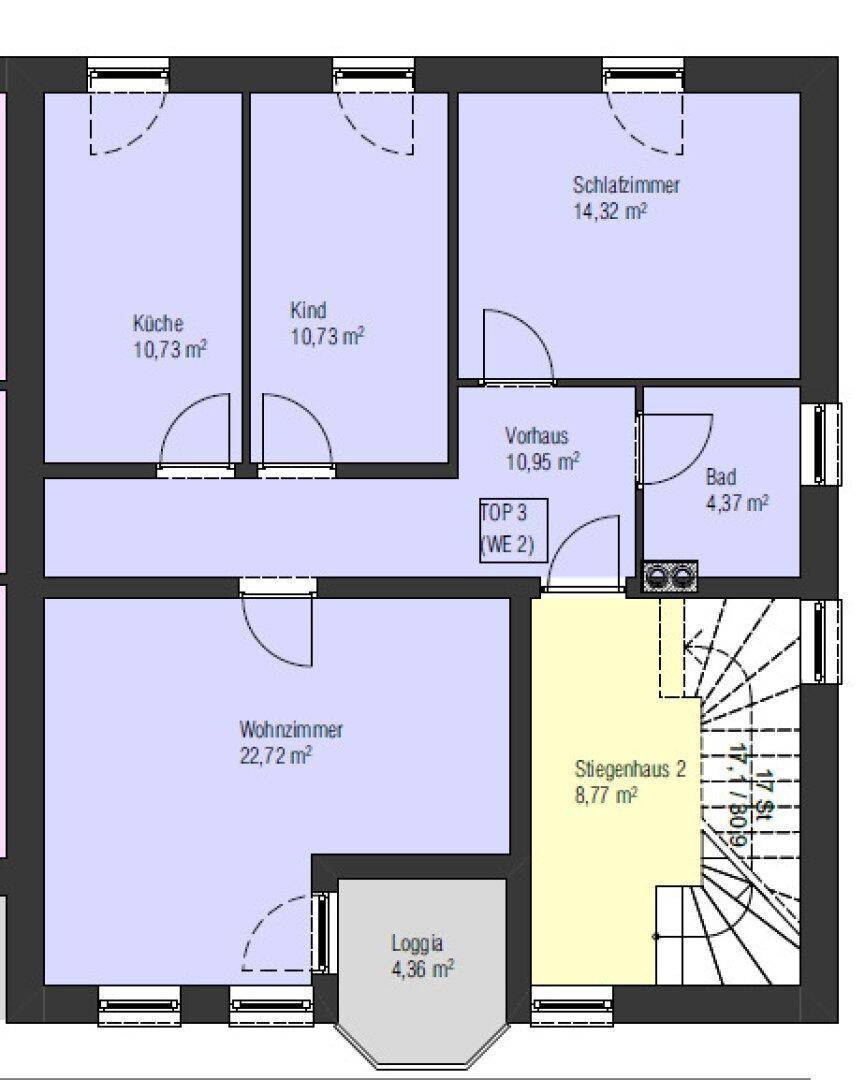 Grundriss einer Wohneinheit mit Wohnzimmer, Küche, Schlafzimmern und Loggia.