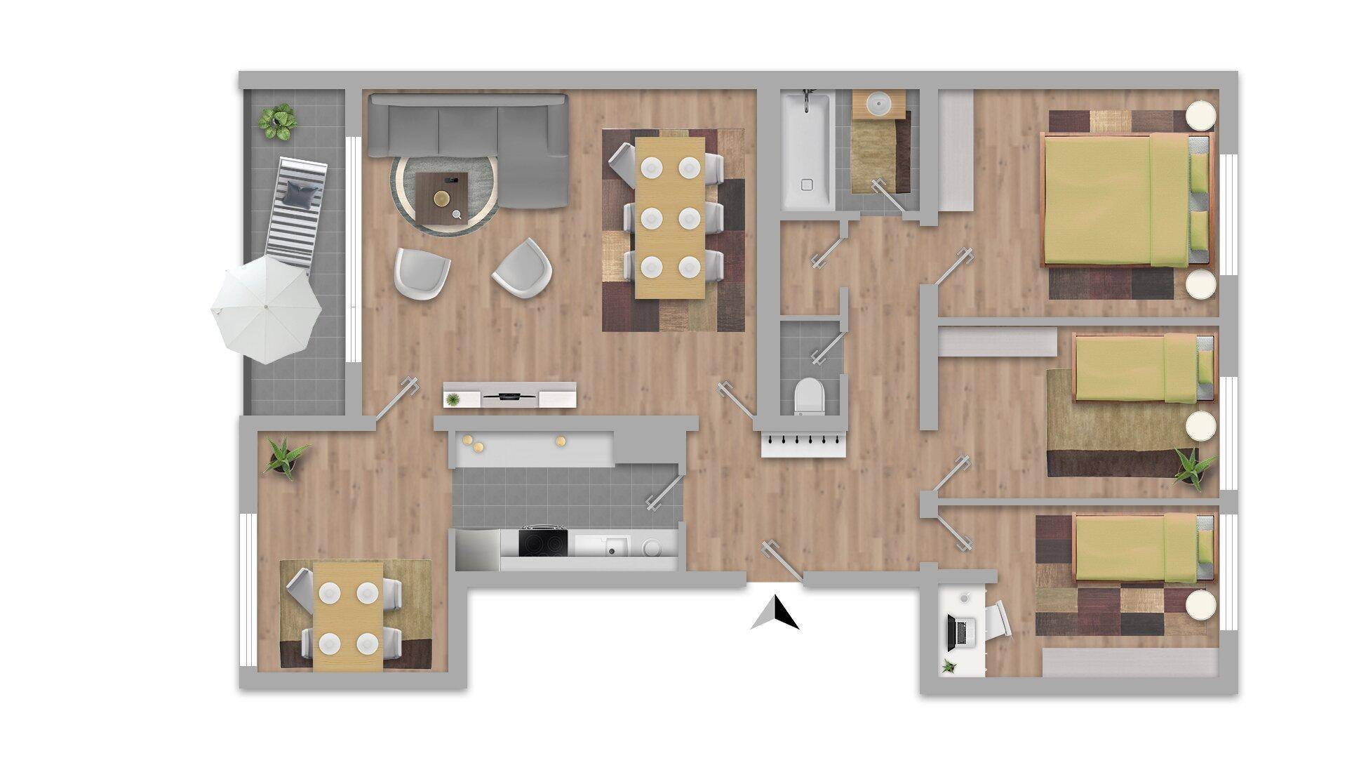 Detaillierter Grundriss der Wohnung mit drei Schlafzimmern und offenem Wohnbereich.