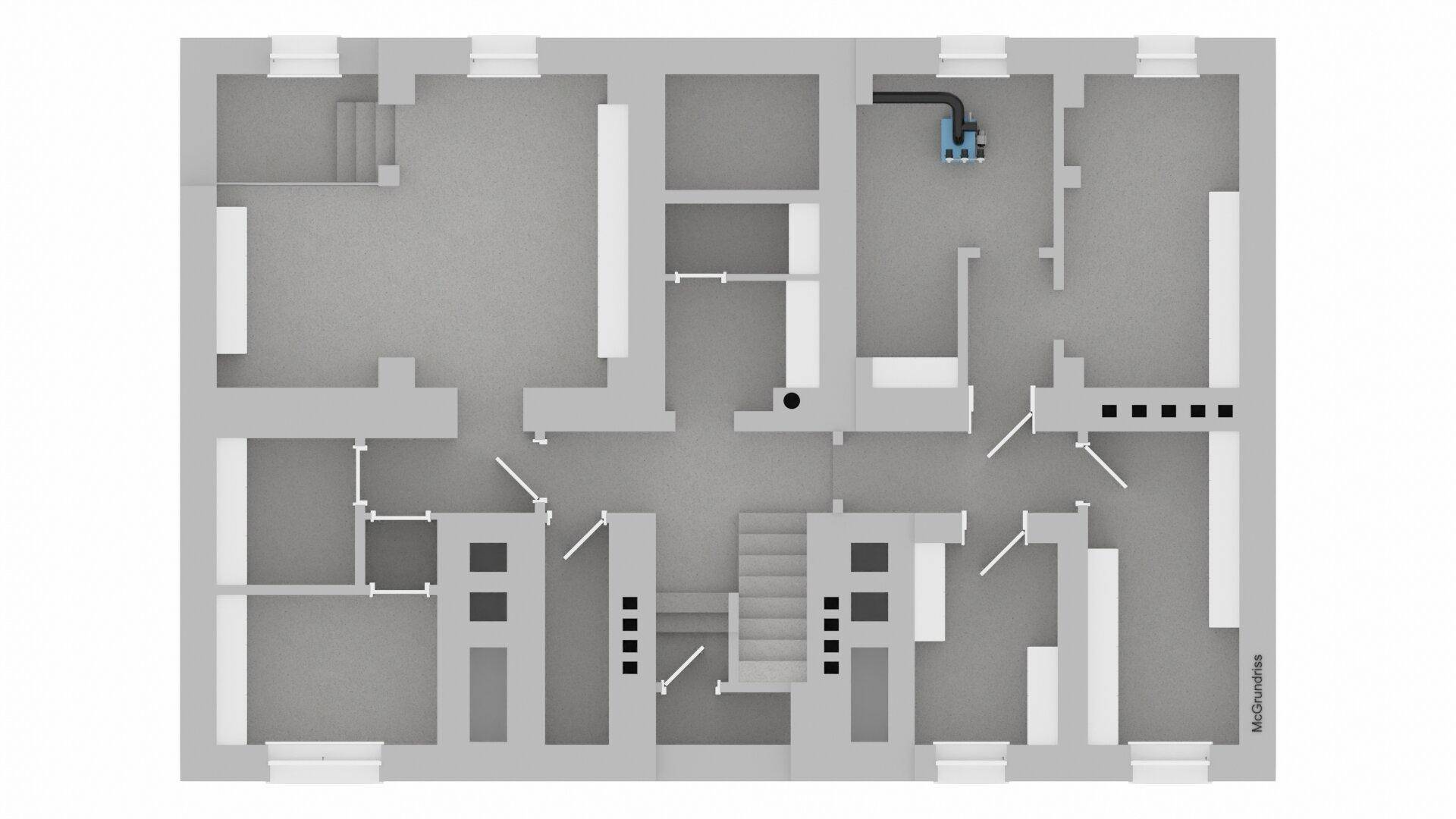Grundriss einer Etage mit strukturellen Details und Sanitäranlagen, ohne Möblierung.