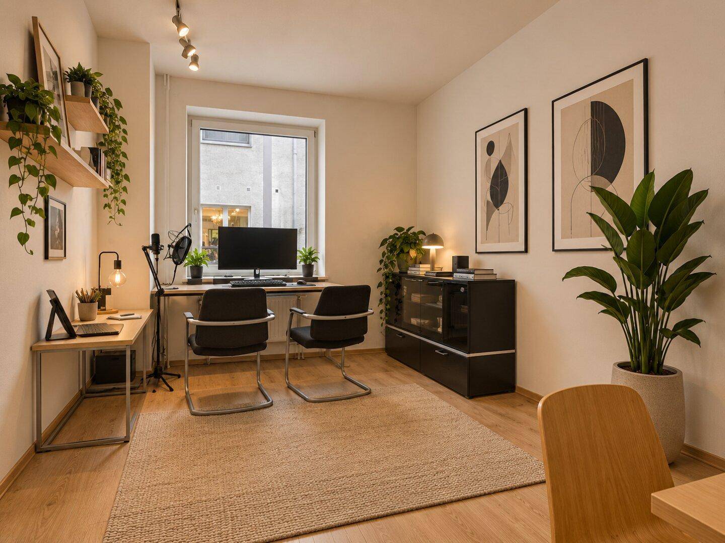 Modernes Büro mit Schreibtisch, zwei Stühlen, Holzboden und Pflanzen für eine angenehme Arbeitsatmosphäre.