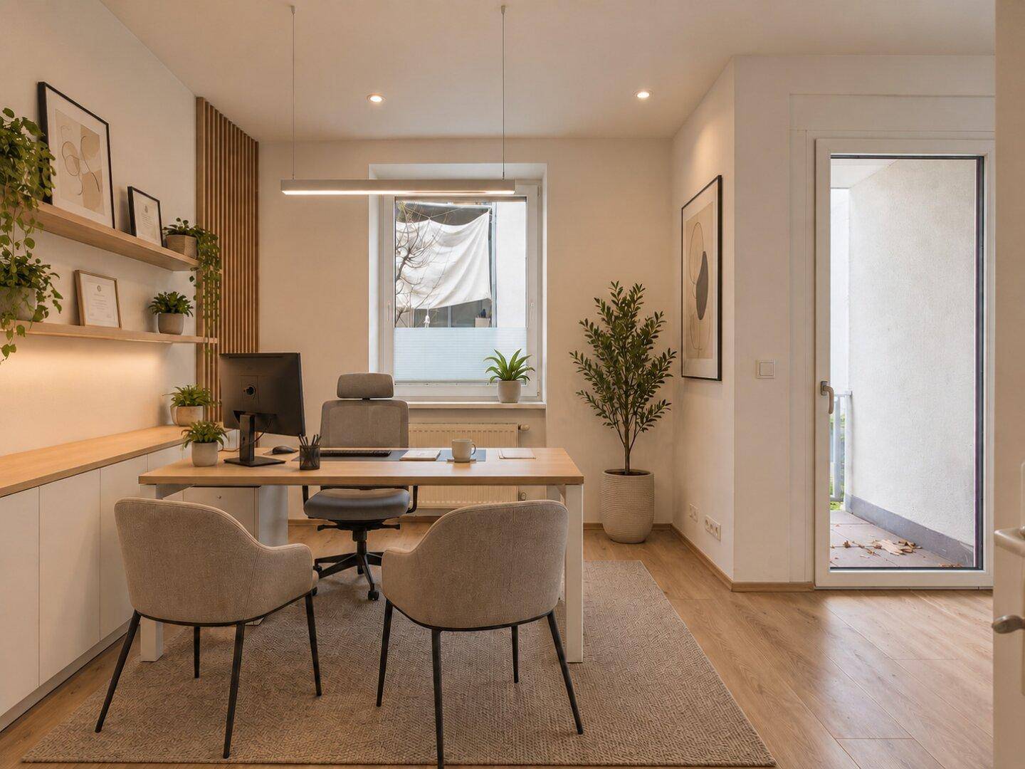 Helles Büro mit modernem Schreibtisch, ergonomischem Stuhl und Zugang zu einem kleinen Balkon.