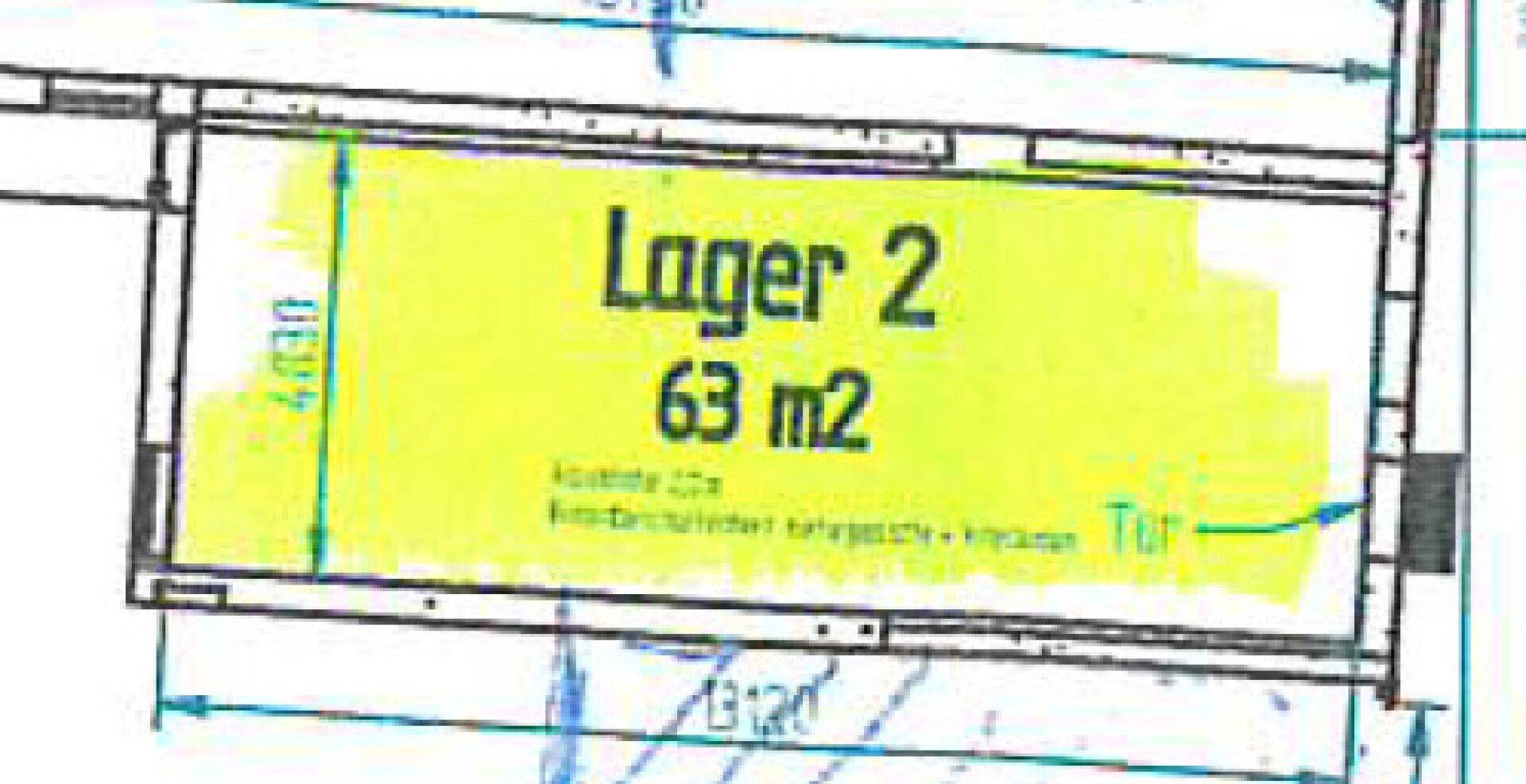 Grundriss für Lagerraum 2 mit einer Fläche von 63 Quadratmetern und eingezeichneten Maßen.