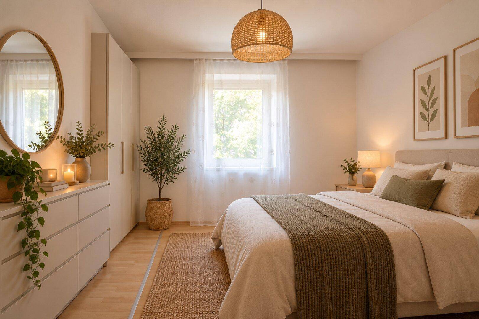 Helles Schlafzimmer mit modernem Dekor, beigem Bett und einem Fenster, das viel Tageslicht hereinlässt.