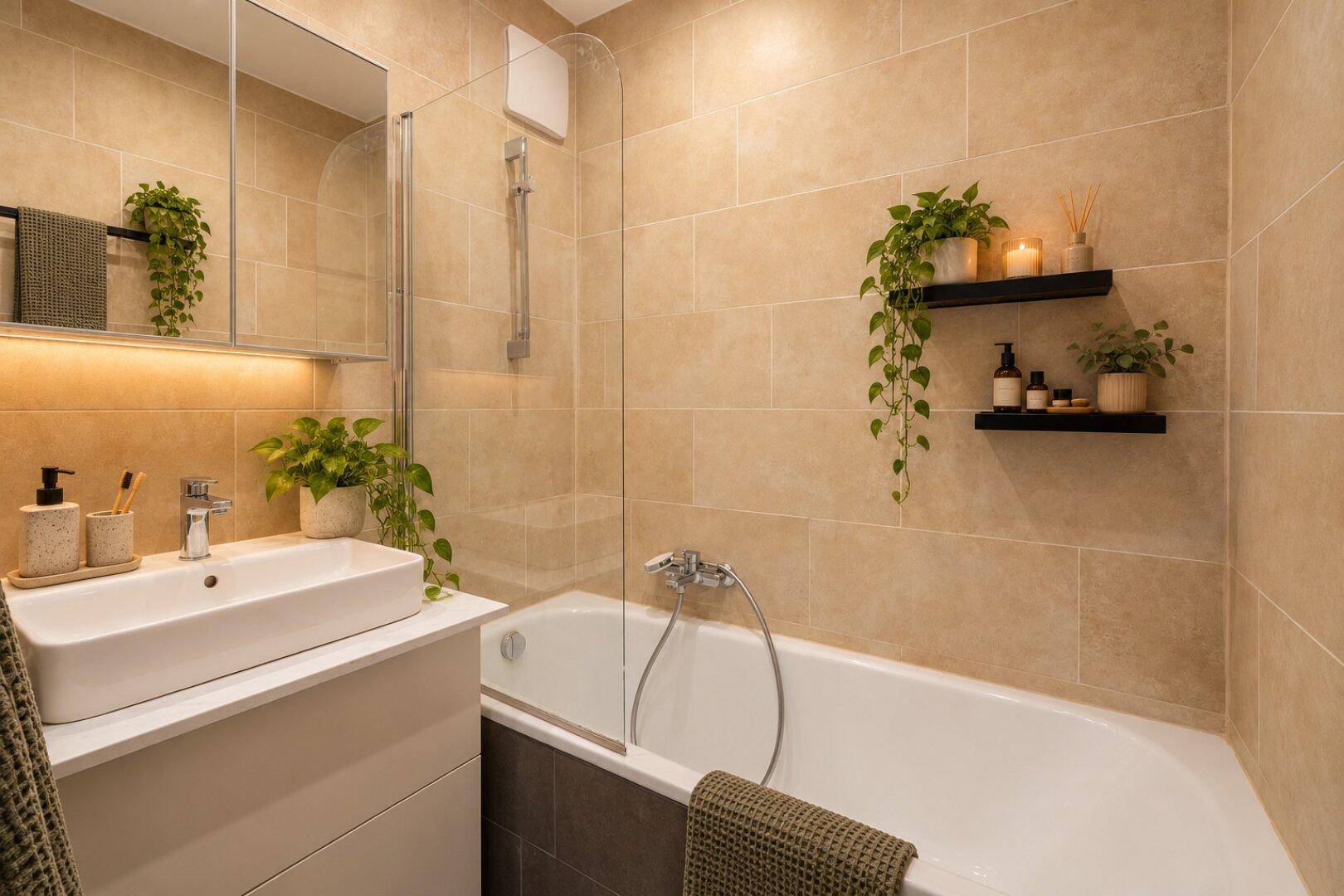 Modernes Badezimmer mit beigen Fliesen, einer Badewanne mit Duschwand und einem Waschtisch.