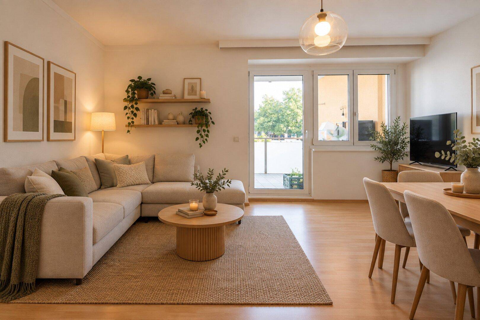 Offener Wohn-Essbereich mit bequemer Couch, Esstisch und direktem Zugang zum Balkon.