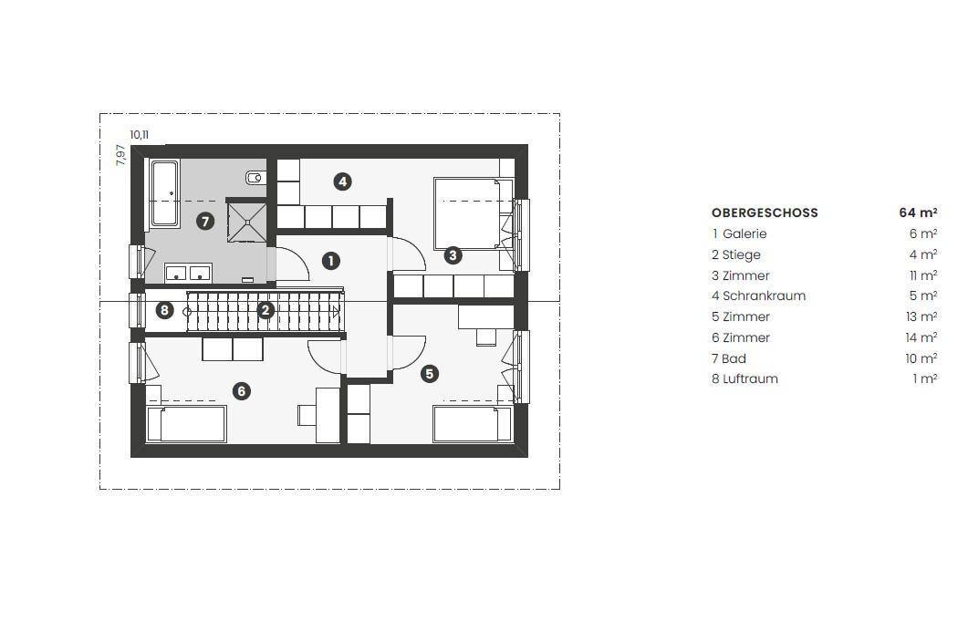 Grundriss des Obergeschosses mit Schlafzimmern, einem Badezimmer, separatem WC und Schrankraum.