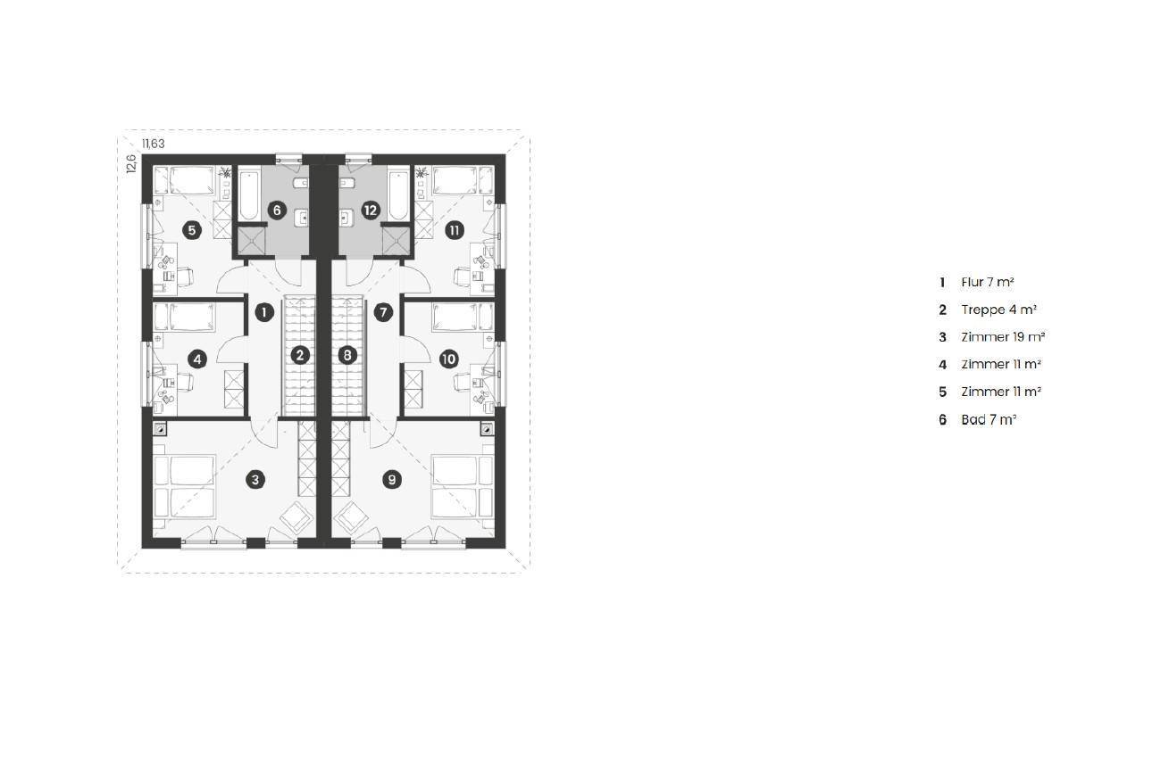 Grundriss des Obergeschosses mit mehreren Zimmern und einem Badezimmer pro Wohneinheit.