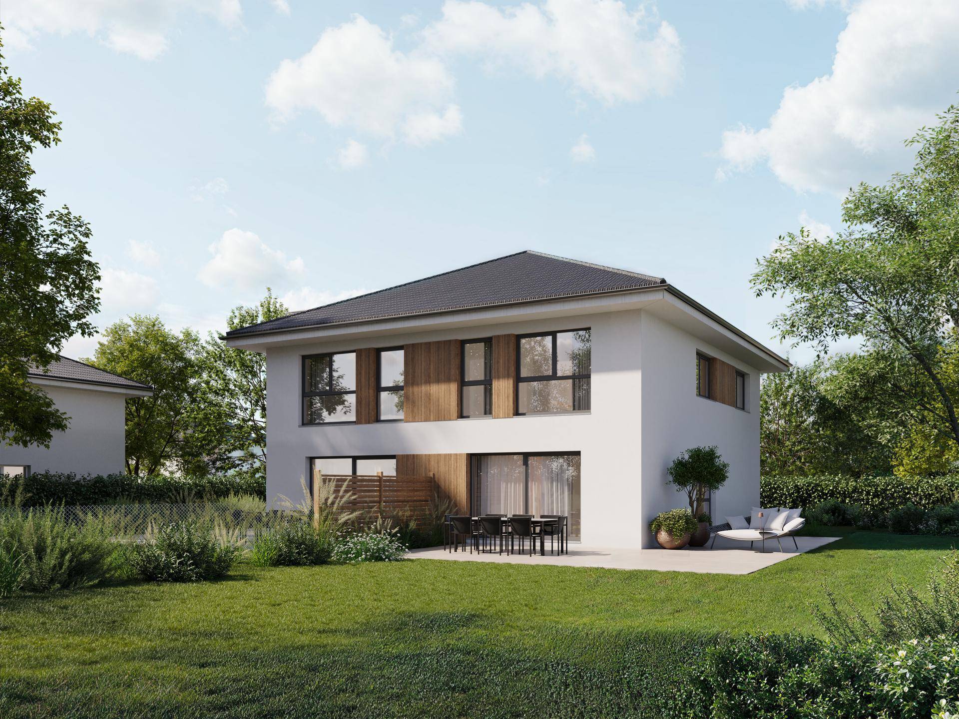 Rückansicht eines modernen Einfamilienhauses mit Terrasse, Garten und Sitzgelegenheiten im Grünen.