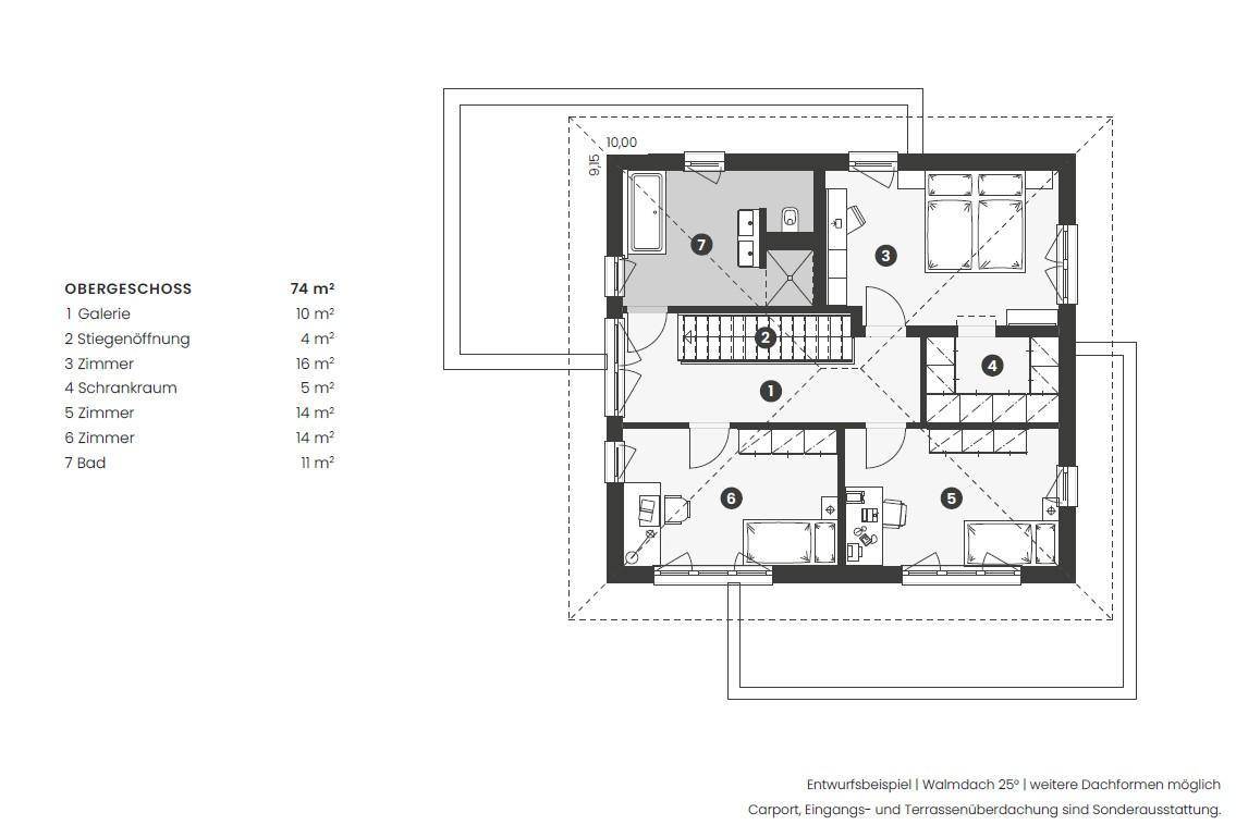 Grundriss des Obergeschosses mit Schlafzimmern, Badezimmer und Schrankraum.