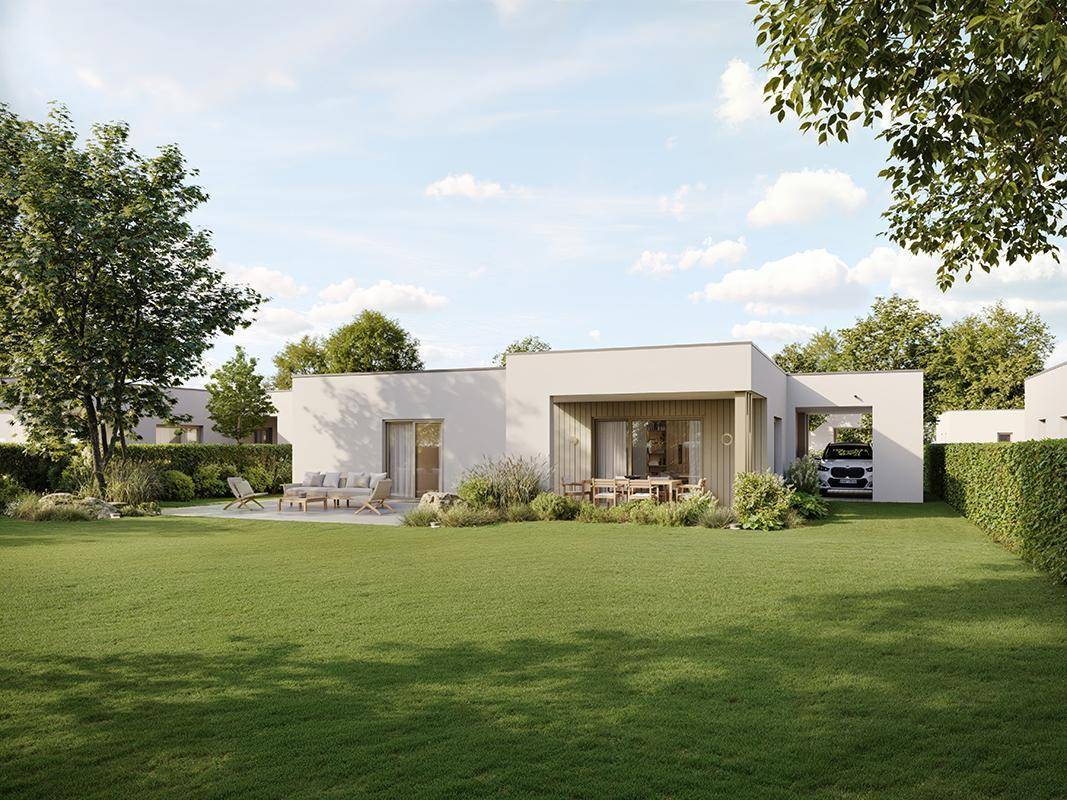 Einstöckiges modernes Haus mit Flachdach und großem Garten, inklusive Terrasse und Carport.