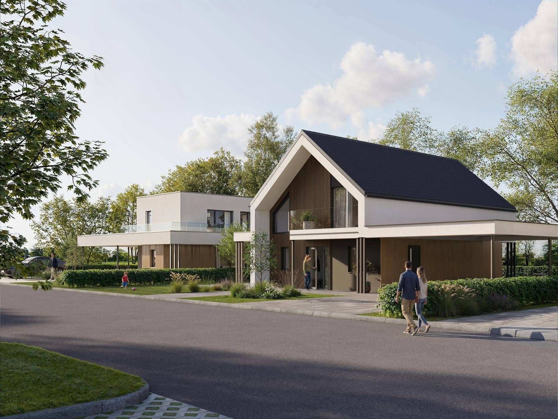 Zwei moderne Einfamilienhäuser mit zeitgenössischer Architektur und gepflegten Vorgärten an der Straße.