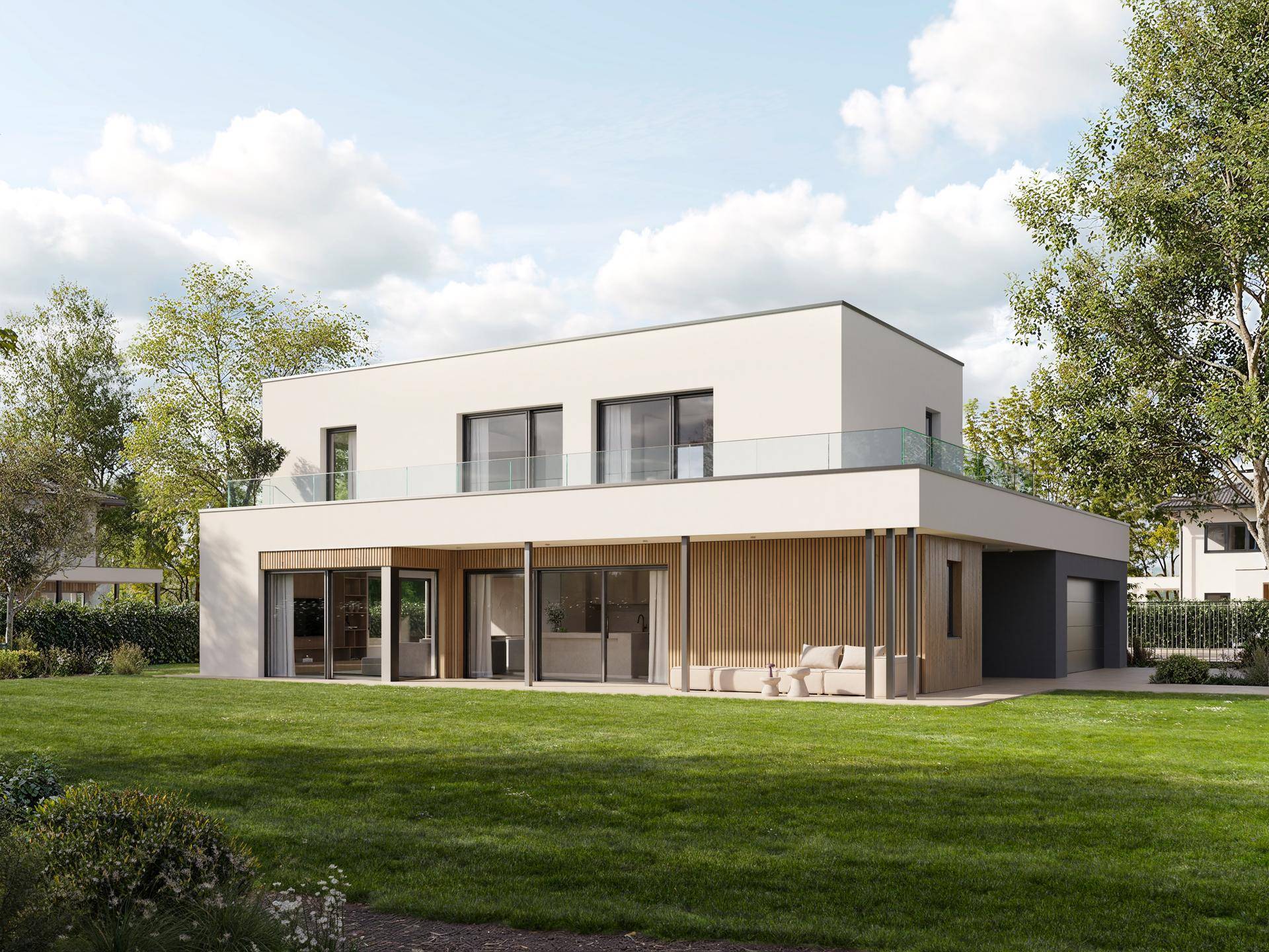 Modernes Haus mit Flachdach, weißer Fassade und Holzdetails, umgeben von einem gepflegten Garten.