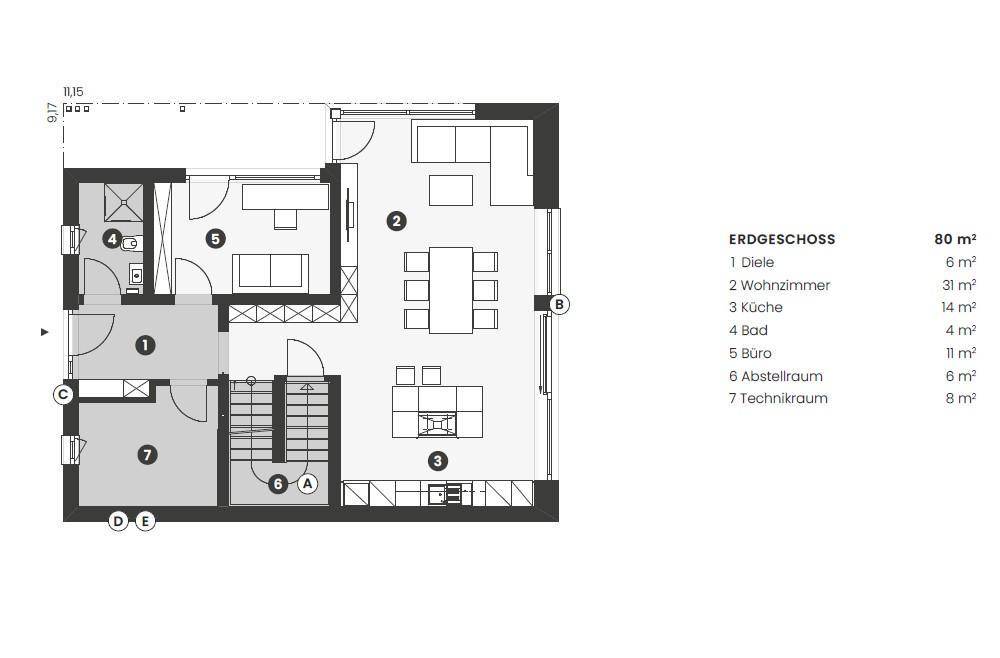 Grundriss des Erdgeschosses mit offenem Wohnbereich, Küche, Büro und Zugang zur Terrasse.