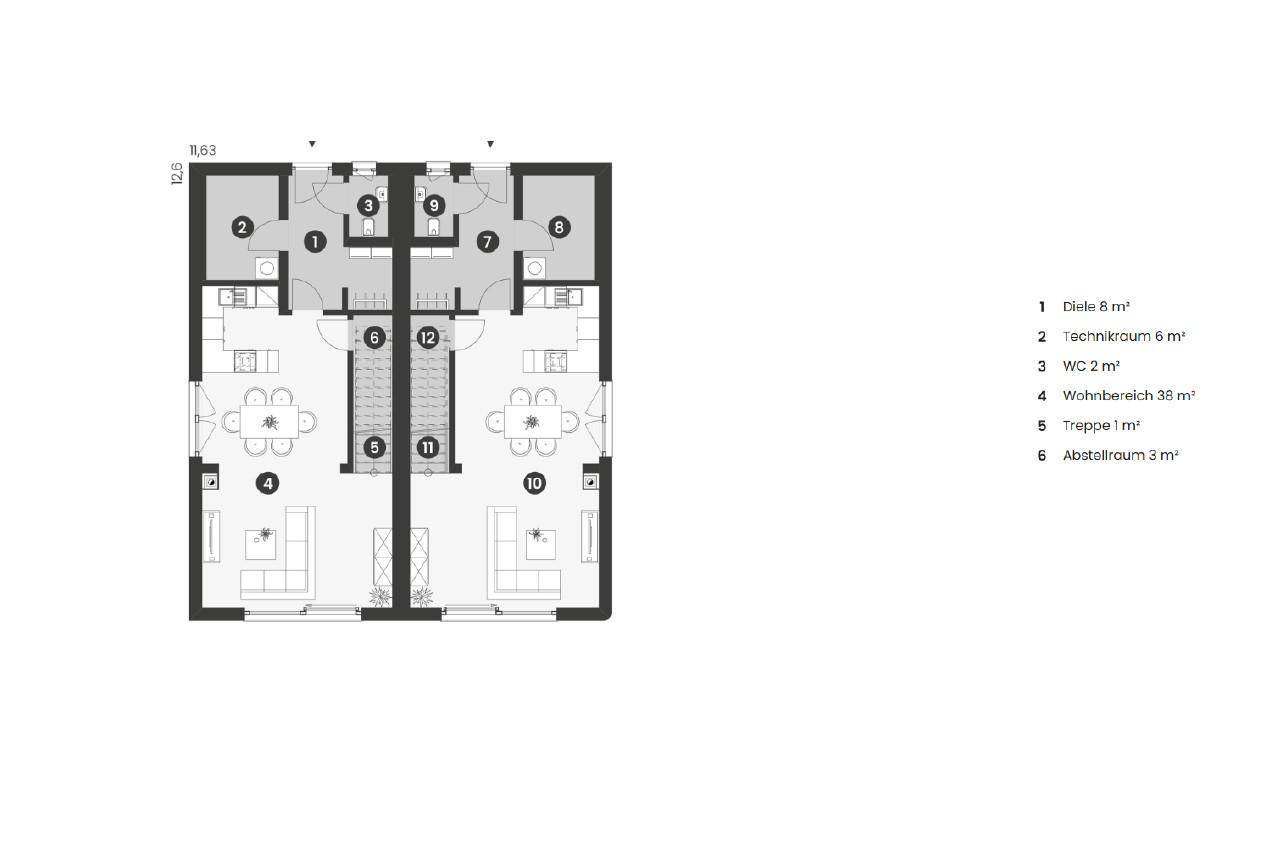 Grundriss des Erdgeschosses mit offenem Wohnbereich, Diele, Technikraum und Gäste-WC.