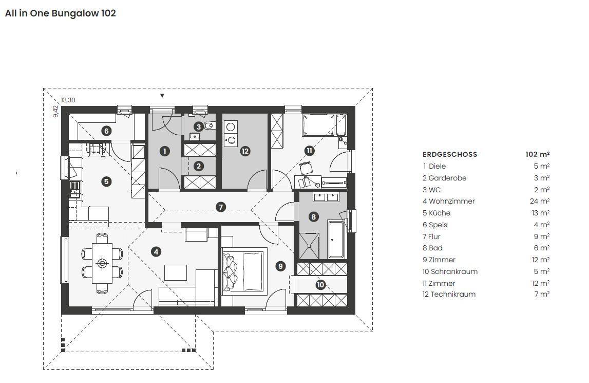 Grundriss des Bungalows 102 mit 102 m² Wohnfläche, drei Zimmern und offenem Wohnbereich.