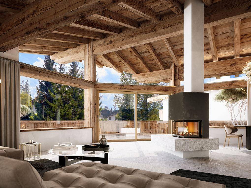 Großzügiges Wohnzimmer mit hohen Holzdecken, raumhohen Fenstern und modernem Kamin.