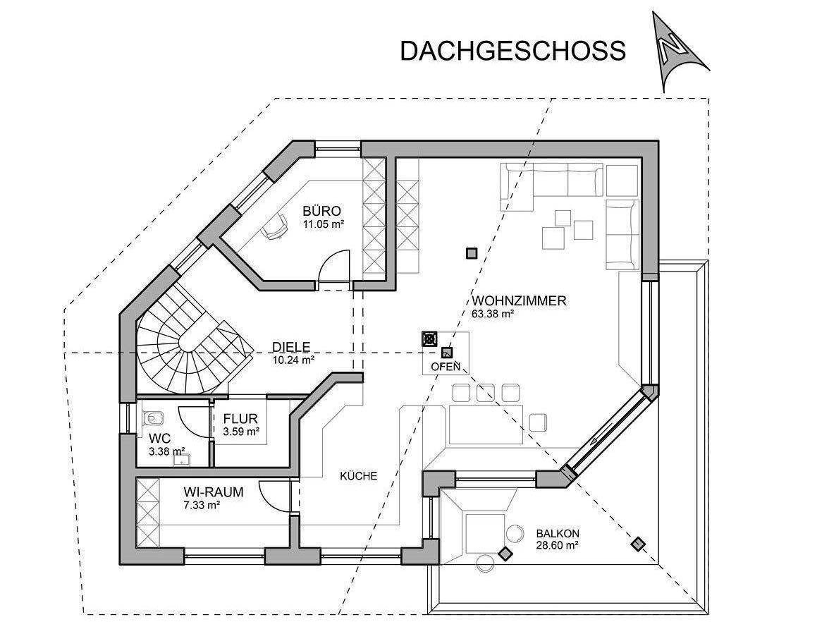 Grundriss des Dachgeschosses mit Wohnzimmer, Küche, Büro und großem Balkon.