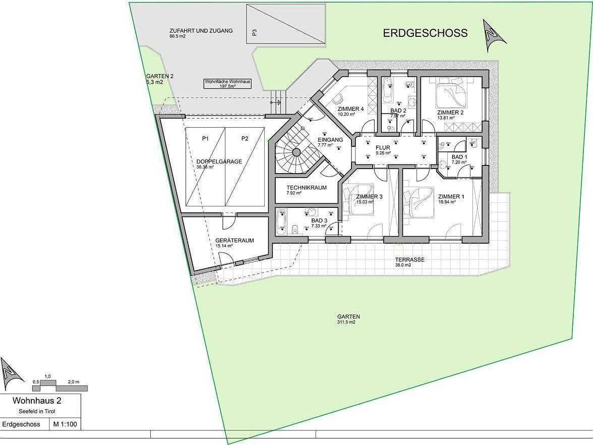 Grundriss des Erdgeschosses mit Doppelgarage, mehreren Zimmern und großer Terrasse.