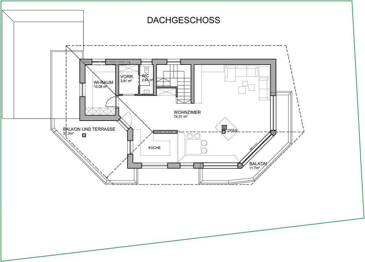 Grundriss des Dachgeschosses mit großem Wohnzimmer, Küche, Balkon und Terrasse.