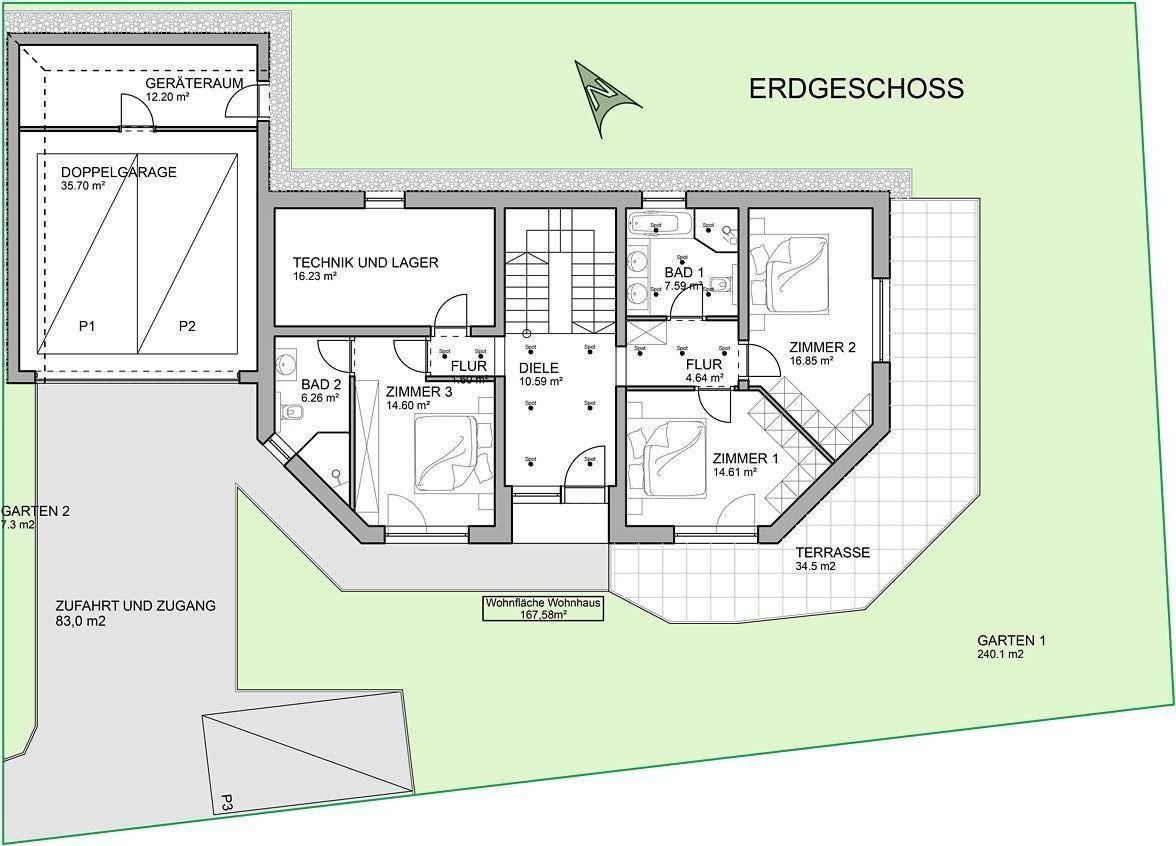 Grundriss des Erdgeschosses mit Doppelgarage, drei Zimmern und Terrasse.