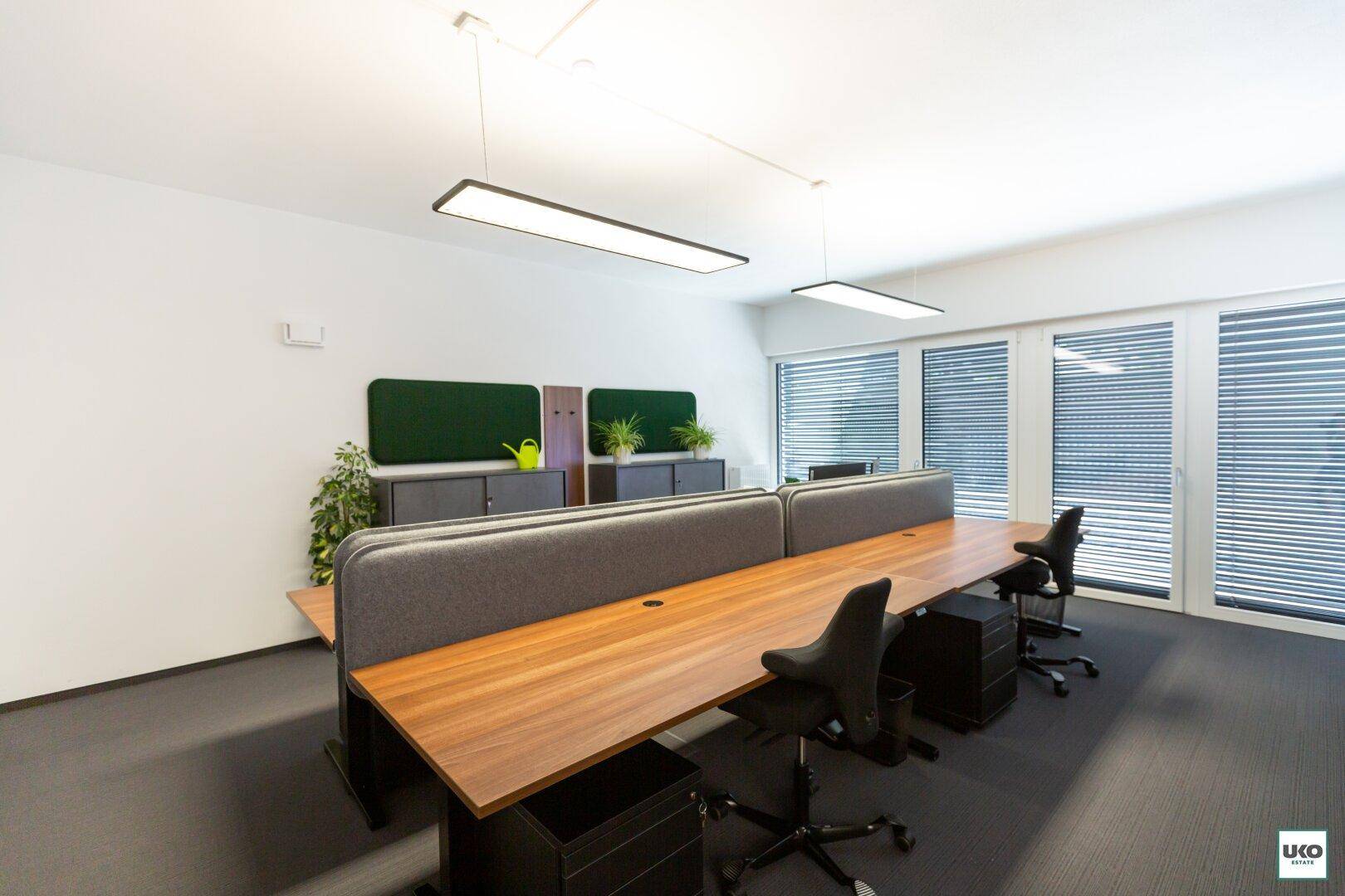 Offener Bürobereich mit mehreren Arbeitsplätzen, großen Fenstern und moderner Einrichtung.