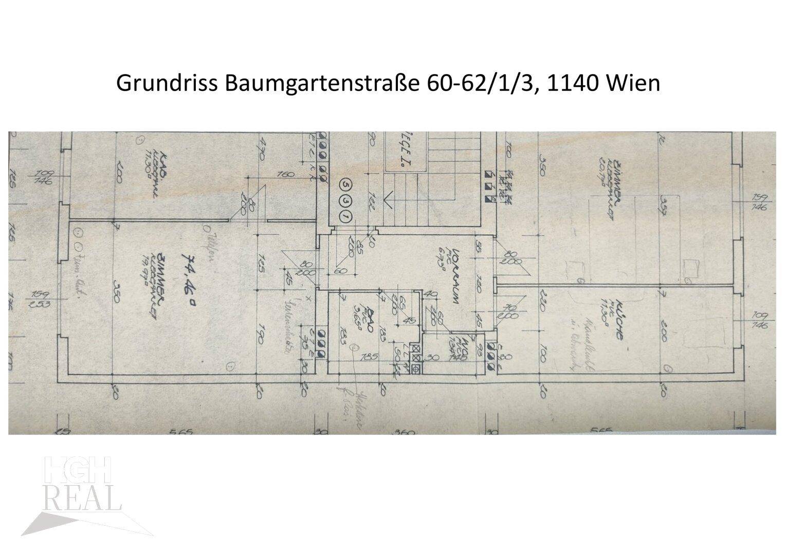 Grundriss einer Wohnung mit mehreren Zimmern, Küche, Bad und separatem WC.